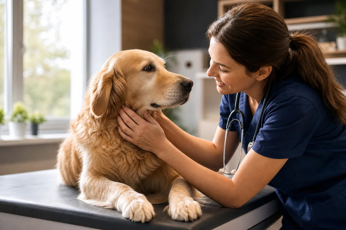 A calm dog reassured during a gentle, low-stress veterinary visit