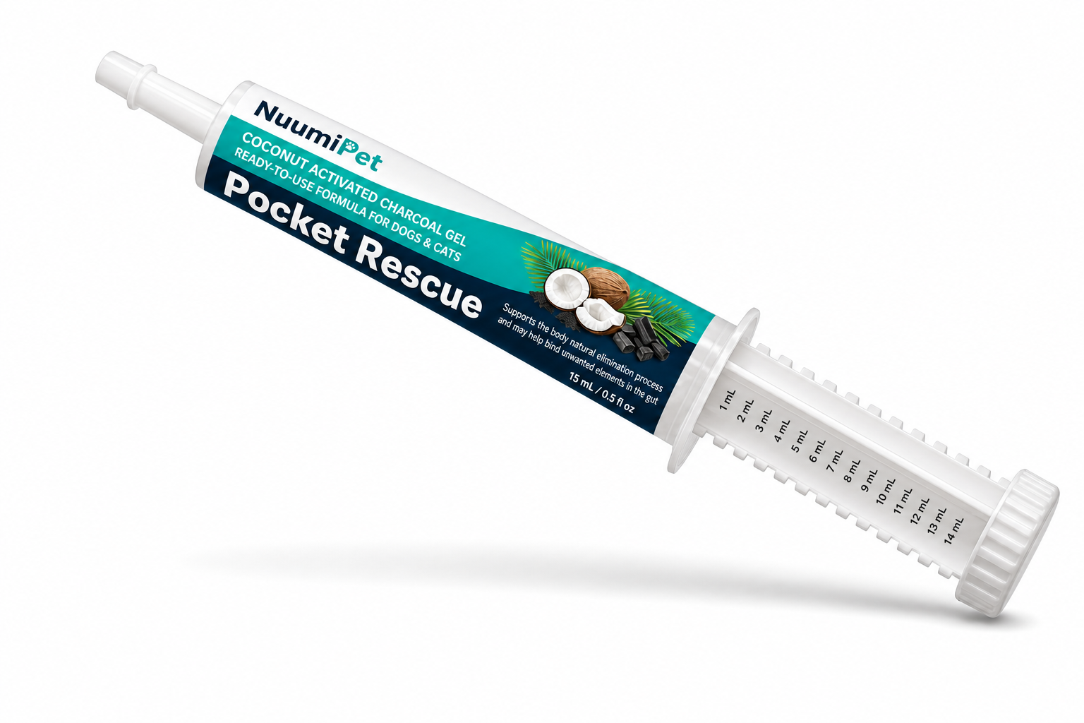 NuumiPet Pocket Rescue — Coconut Activated Charcoal Gel for dogs & cats, 15 mL syringe